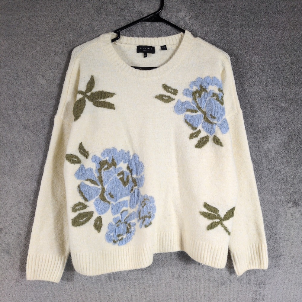 Ted Baker London Womens Floral Intarsia Knit Sweater Cream Blue Wool Alpaca M - Picture 2 of 8
